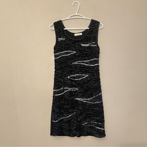 Black & Silver Beaded & Sequin Patterned Mini Dress w Pleated Ribbon Trim